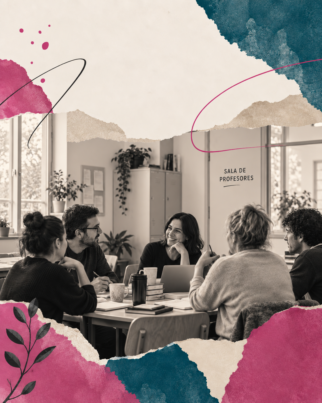 Grupo de personas adultas sentadas alrededor de una mesa conversando y reflexionando conjuntamente, en collage editorial de ANACRUSA
