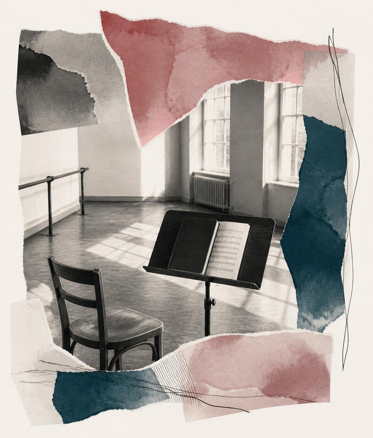 Aula de ensayo vacía con silla, atril y barra de danza, en collage con papeles rotos y acuarelas rosa y azul
