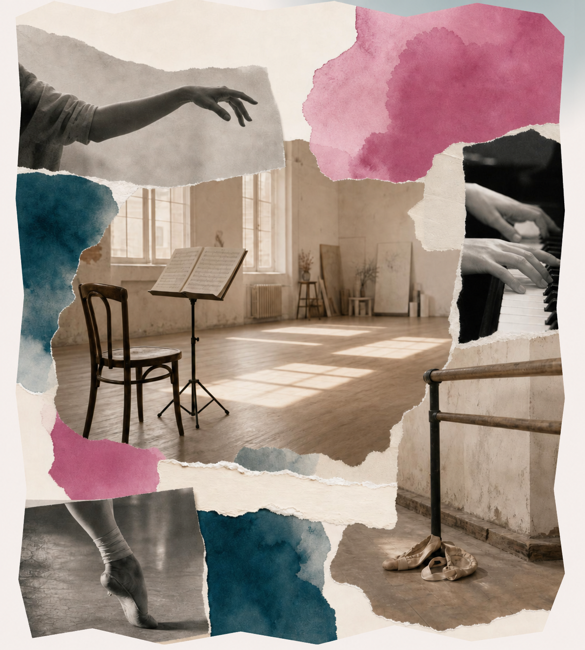 Estudio de ensayo con silla, atril, barra de danza y zapatillas, en un collage editorial con acuarelas rosa y azul