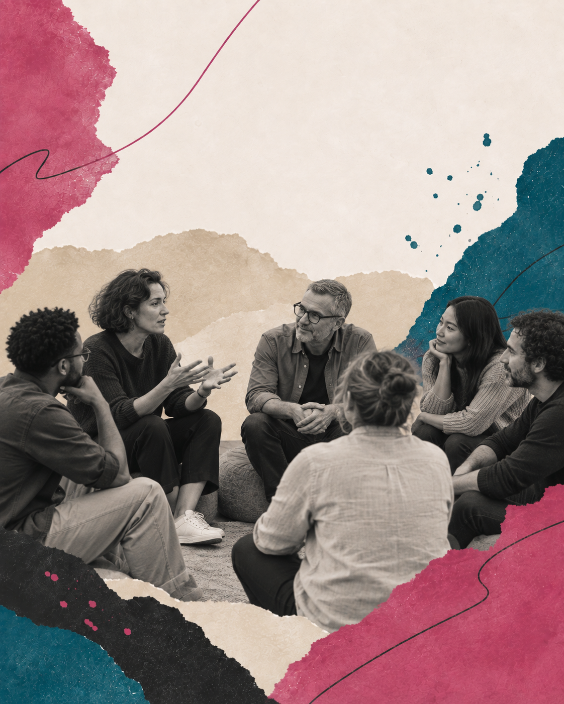 Pequeño grupo de docentes adultos reunidos en una sesión de trabajo, conversando con actitud profesional, en collage editorial de ANACRUSA
