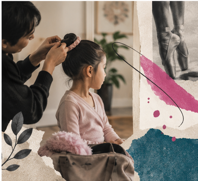Una adulta recoge el pelo de una niña antes de la clase de danza, en collage editorial de ANACRUSA