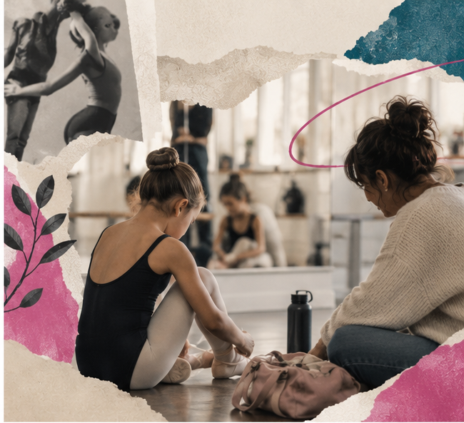 Una niña se ata las zapatillas en la sala de danza acompañada por una adulta, en collage editorial de ANACRUSA