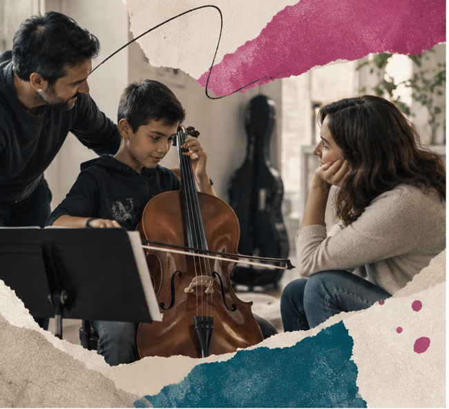 Un adulto acompaña a un joven que toca el violonchelo mientras otra persona observa, en collage editorial de ANACRUSA