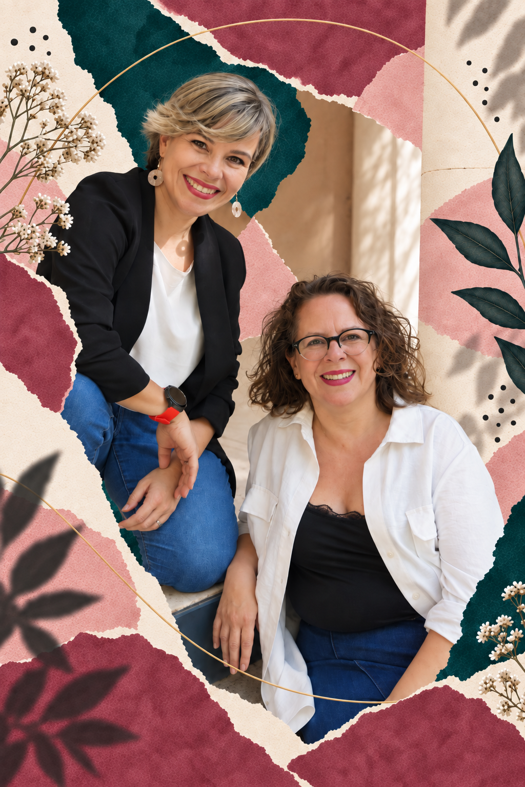 Isabel Amate y Vanessa López, cofundadoras de ANACRUSA, en un collage con acuarelas frambuesa, azul petróleo y crema